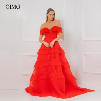 אדום אורגנזה קו ארוך שמלות ערב את הכתף שרוולים קצרים שכבתית באורך רצפת נשף מסיבת שמלות סלבריטאים להתלבש