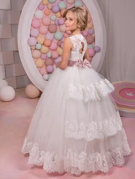 לבן אלגנטי פרח ילדה שמלת חתונה תחרה שכבתית פאייטים אפליקציה ללא שרוולים עם קשת הנסיכה מסיבת יום הולדת שמלות נשף