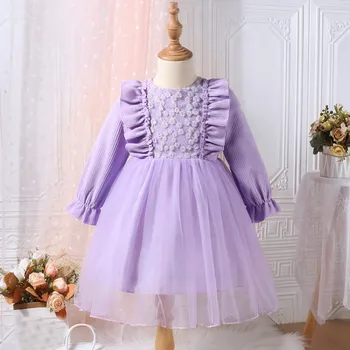 שמלות ילדה ילדים בגדים מפלגת נסיכת האביב פאף שרוולים קוריאני ילדים תחרה, רקמה פרחונית ילדים טול שמלה Vestidos