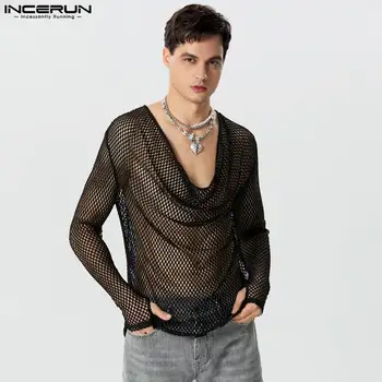 INCERUN מקסימום 2023 בסגנון אמריקאי סקסית גברים של הנדנדה צווארון אצבעון חולצות למסיבת מועדוני לילה זכר דק ארוך שרוולים Camiseta S-5XL
