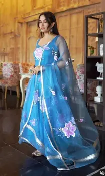 נשים להגדיר Anarkali כחול זהורית לוטוס הדפסה קורטה עם שאיפה הדופטה זמן התלקח שמלת פקיסטן