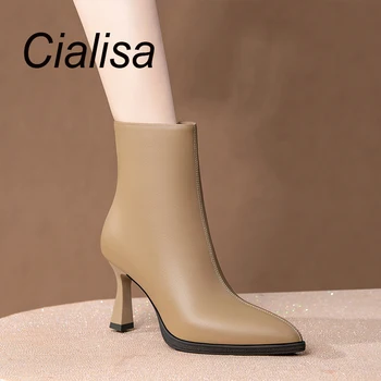 Cialisa אלגנטי קצר מגפי נשים 2023 סתיו חורף מחודד בוהן באיכות גבוהה אמיתי LeatherShoes 8cm העקב גבוהות מגפי קרסול