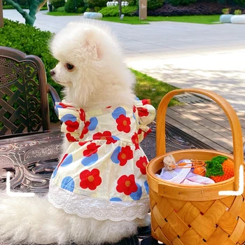 גור בגדי קיץ קטן פרח אדום Suspender כלב שמלה חדשה טיסה שרוול כלב בגדים קטנים כלבים צ ' יוואווה מתוקה חצאית