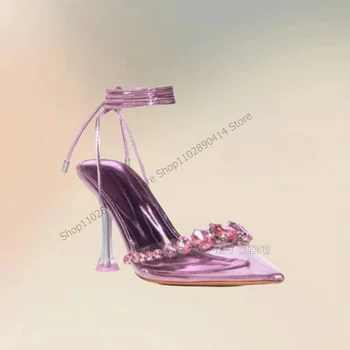 רוז רד קריסטל עיצוב PVC מחודד בוהן מפותלים סנדלים חזרה רצועת נשים נעלי דק עקבים גבוהים אופנה חדשה 2023 פאטוס פארא Mujere