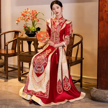 כבד חרוזים Xiuhe בגדי נשים סינית שמלות כלה הדרקון פיניקס שמלת כלה עתיקות סטים הכלה