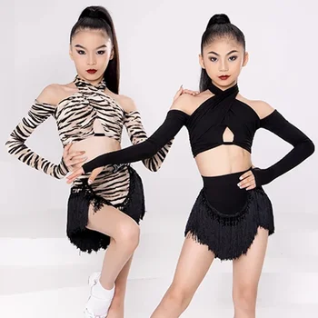 חדש בנות ריקודים לטיניים השמלה להגדיר שרוולים ארוכים נמר שחור 