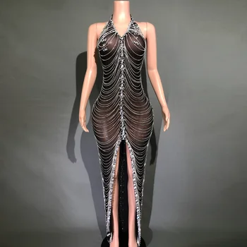 Luxrious אבני חן שרשראות שקוף V צוואר מחשוף גב ארוך שמלה סקסית ערב יום הולדת Celebriate נשף שמלת צילומים השמלה