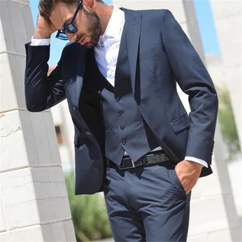 מותאמות אישית שנעשו כחול חליפות גברים לחתונה Terno Masculino Slim Fit תחפושת Mariage Homme הטוב ביותר חליפה (ז ' קט+מכנסיים+אפוד+עניבה)