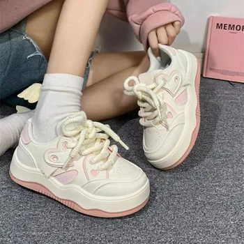 SHANPA לבן חמוד Womens נעלי ספורט פלטפורמה אוהב את הלב קוריאני אופנה מקרית נעלי ספורט Kawaii גופר, גבירותיי נעליים חדש