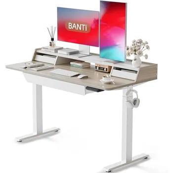 BANTI 55 x 24 אינץ חשמלי עומד שולחן עם 3 מגירות, גובה מתכוונן לעמוד השולחן, שב לעמוד המחשב תחנות עבודה