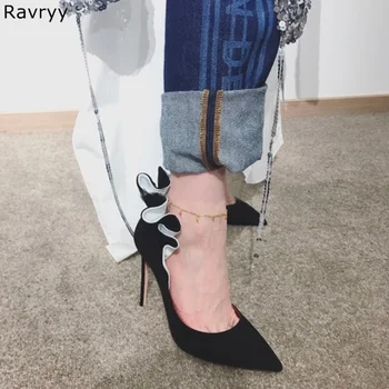 2018 שחור זמש עור אישה העקב גבוה Flouncing עיצוב אלגנטי נשי שמלת מסיבת נעליים מחודד בוהן סקסי משאבות והעקבים