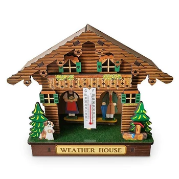 3X בית מזג אוויר, יער בית מזג אוויר עם גבר ואישה, עץ, בקתת ברומטר מד טמפרטורה ו לחות