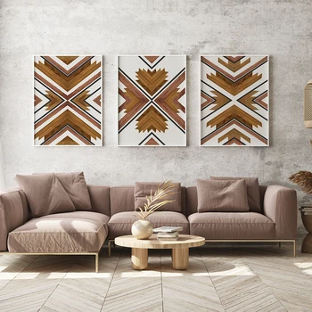 האצטקים בוהו עץ הדפסי אמנות מינימליסטית תמונות קיר הסלון צבעים טבעיים פוסטר גיאומטרית קישוט הבית גלריה