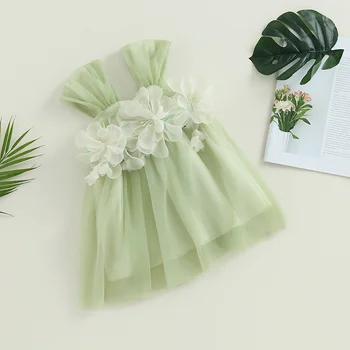תינוק בייבי בנות שמלות קיץ מסיבת הנסיכה 3D פרח שרוולים מחשוף גב שכבות טול קו-שמלה