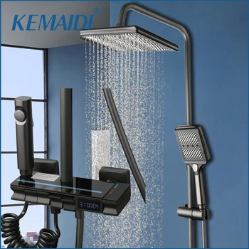 KEMAIDI מקלחת מערכת תצוגה דיגיטלית מקלחת ברז נקבע הרכבה בקיר 4 פונקציות מקלחת גשם חם קר מיקסרים עם מתזי בידה