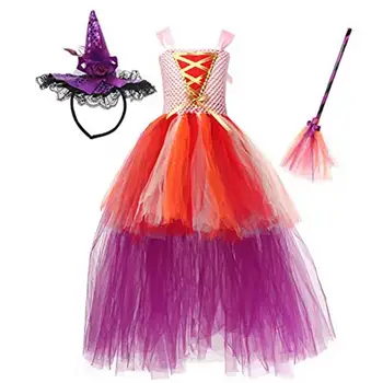 ילדים המכשפה שמלה ללא שרוולים שמלת טוטו עם כובע תחפושות קוספליי טול שמלה גבוה נמוך שמלה סגולה על הבמה הופעות