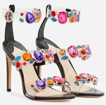 חדש PVC צבעוני קריסטל גברת סנדלי אופנה עיצוב נעל עקב ריינסטון נשים שמלת סנדלים סקסיות נשית אירועים נעליים