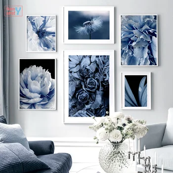 כחול שן הארי אדמונית קיר אמנות בד הציור דקל טל נורדי פוסטרים, הדפסים צמח הקיר תמונה בסלון עיצוב