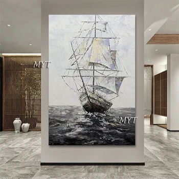 ממוסגרים בים Galleon אקריליק מרקם ציור מופשט איכות הגרפיקה הקיר תמונה מסעדה עבודת יד, עיצוב הבית