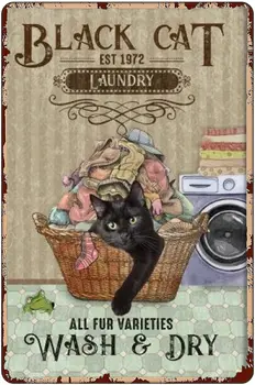 וינטג מתכת תלוי שלט חתול שחור למכבסה יום פוסטר, קיר בעיצוב הבית. חדר כביסה, מועדון קפה קישוט קיר רטרו