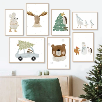 עץ חג המולד דוב אייל שלג פוקס קיפוד קיר אמנות בד הציור נורדי כרזה, הדפסת תמונות קיר מותק הילדים עיצוב חדר
