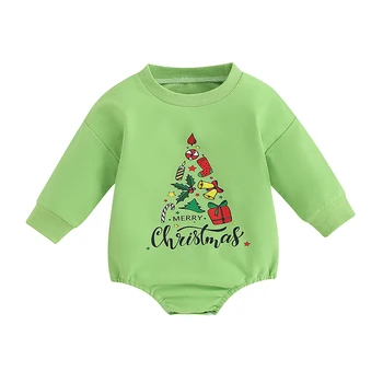 תינוק תינוק חג המולד סרבל עץ חג המולד מכתב הדפס שרוול ארוך עגול החולצה רומפר פסטיבל בגדים