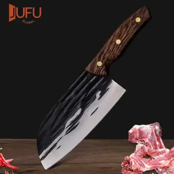 מטבח סכיני שף פחמן פלדה מחושלת סכין עם ידית עץ בחיק הטבע דיג בשר סכין קצבים בישול סכין קצבים
