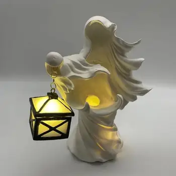 מתנה ייחודית עבור ליל כל הקדושים מכשפה גן פסלים ייחודי שרף המכשפה פסל לעזאזל מסנג ' ר פנים רוח פיסול עם פנס