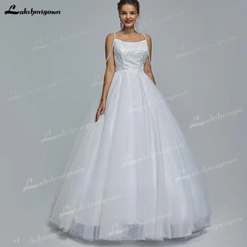בתוספת גודל ספגטי רצועת שמלת החתונה 2023 כלה אלגנטית O-צוואר פאייטים שמלות כלה בהזמנה אישית חלוק דה mariee קו