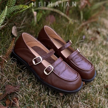 Heihaian נעלי עקב נמוך 2024 בתחילת האביב חדש רטרו בסגנון בריטי נעליים עם אבזם קישוט בוהן עגול נעלי נשים