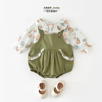 האביב ההגירה קוריאנית תינוק ילדה 2PCS סט בגדים כותנה הארנב המודפס לפרוע את החולצה Suspender רומפר חליפה לפעוטות תינוקת תלבושת