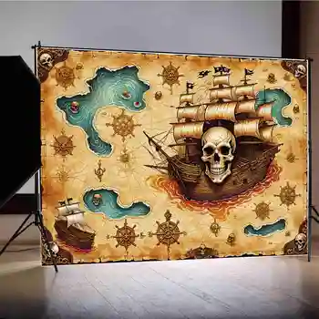 מון.QG רקע גולגולת פיראט הספינה מפת העולם פיית יום ההולדת רקע גלגל האוצר קישוטים בייבי בנים צילום אביזרים