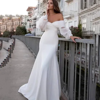בוהו לבן פשוט הסירה את הצוואר שמלת החתונה פנס שרוול ללא משענת רכבת המברשת עבור נשים אלגנטי הכלה שמלה חדשה הגעה סאטן