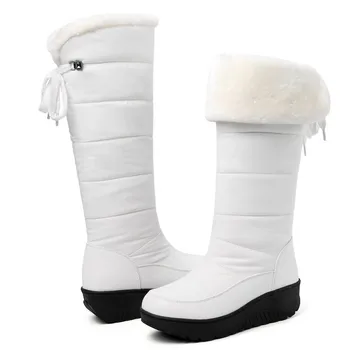 【ENMAYERWaterproof חורף נעלי נשים מגפי שלג חם פרווה קטיפתי קליל טריז הברך מגפיים גבוהים הבנות שחור לבן גשם נעלי נשים