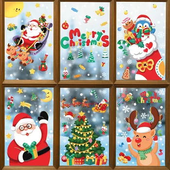 קריקטורה חג המולד מדבקות חלון סנטה קלאוס, איש שלג חג המולד מדבקות נואל שמח 2024 השנה החדשה חג שמח מדבקות קיר