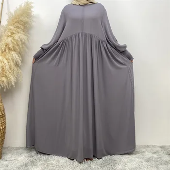 המוסלמים מינימליסטי צבע מוצק אלסטי עם קפלים האזיקים עם הרוכסן הקדמי מלא ריפוד אלגנטי שיפון שמלה כפיות לנשים