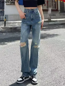 ג ' ינס נשים ישר נוח פנאי פשוטה כל-התאמה אופנת רחוב בסגנון קוריאני חור אופנתי תלמידים היפ הופ הקיץ גבוהה המותניים