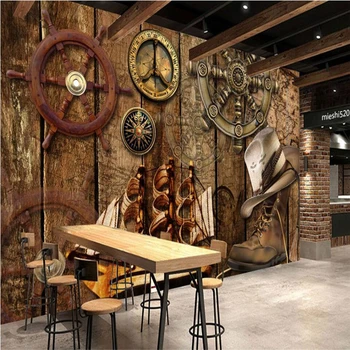 beibehang רטרו נוסטלגי לוח עץ הגה קרוז נושא מסעדה רקע קיר מותאם אישית גדולה ציור קיר טפט משי