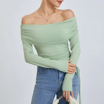 נשים יבול חולצות שרוול ארוכות שרוך בסיסי Off-כתף החולצה מזדמן Pullovers עבור מועדון אופנת רחוב אסתטי בגדים